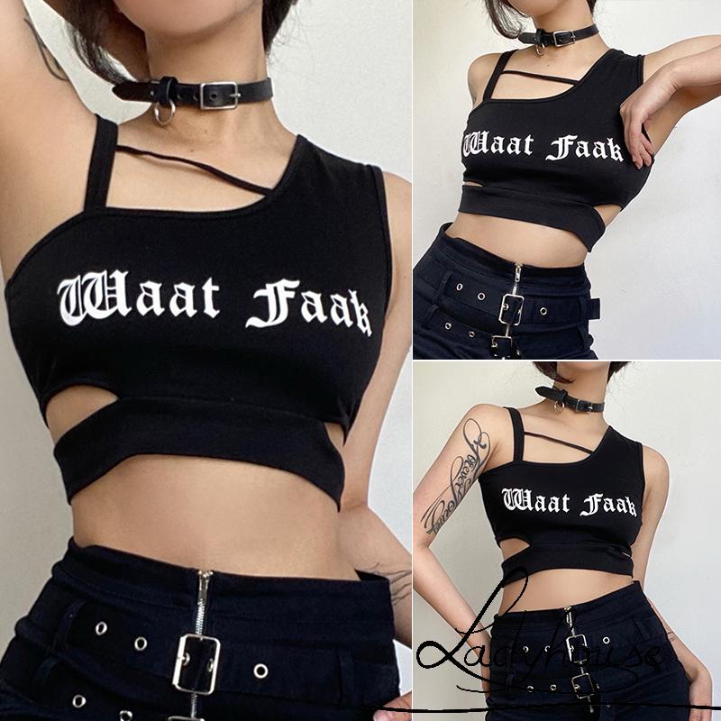 Áo Croptop Khoét Vai Màu Đen In Chữ Phong Cách Punk Cá Tính Cho Nữ
