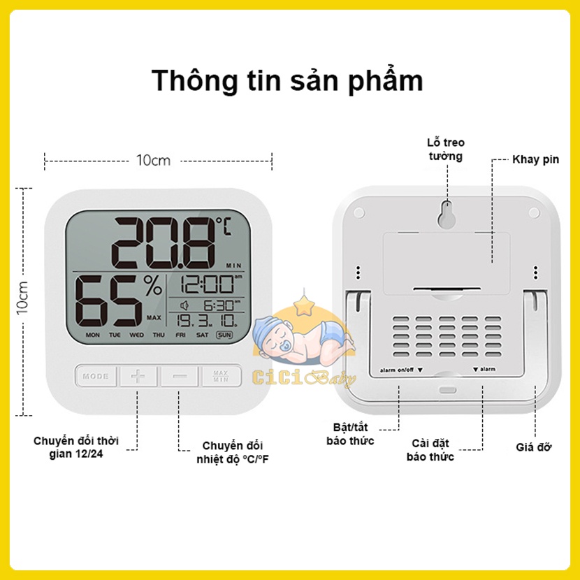 TẶNG KÈM PINNhiệt Ẩm Kế Điện Tử Đo Nhiệt Độ Và Độ Ẩm Phòng Ngủ Cho Bé