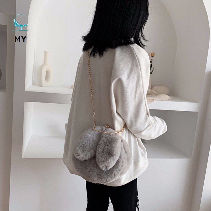 Túi Đeo Chéo Dây Xích Kim Loại Vải Lông Hình Tai Thỏ Thời Trang Cho Phụ Nữ