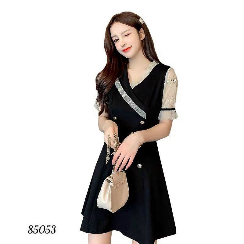 Đầm nữ sơ mi phối ren dự tiệc dạo phố đen trẻ trung năng động