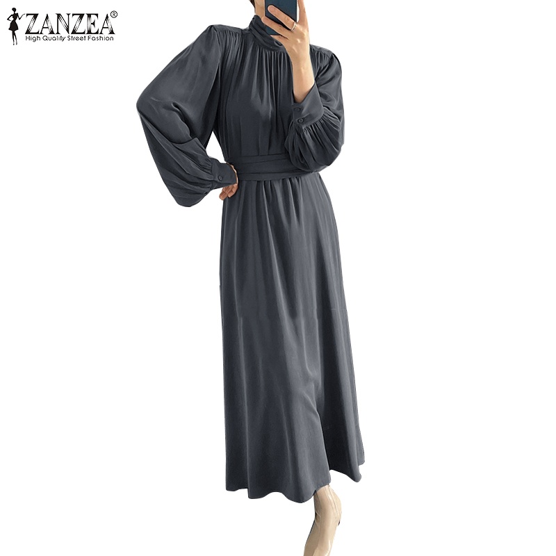 Đầm ZANZEA cổ cao tay phồng phối xếp ly thanh lịch cho phái nữ