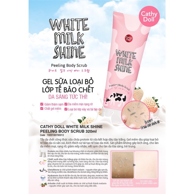 Tẩy tế bào chết toàn thân sữa bò Cathy Doll White Milk Shine Peeling Body Scrub 320ml