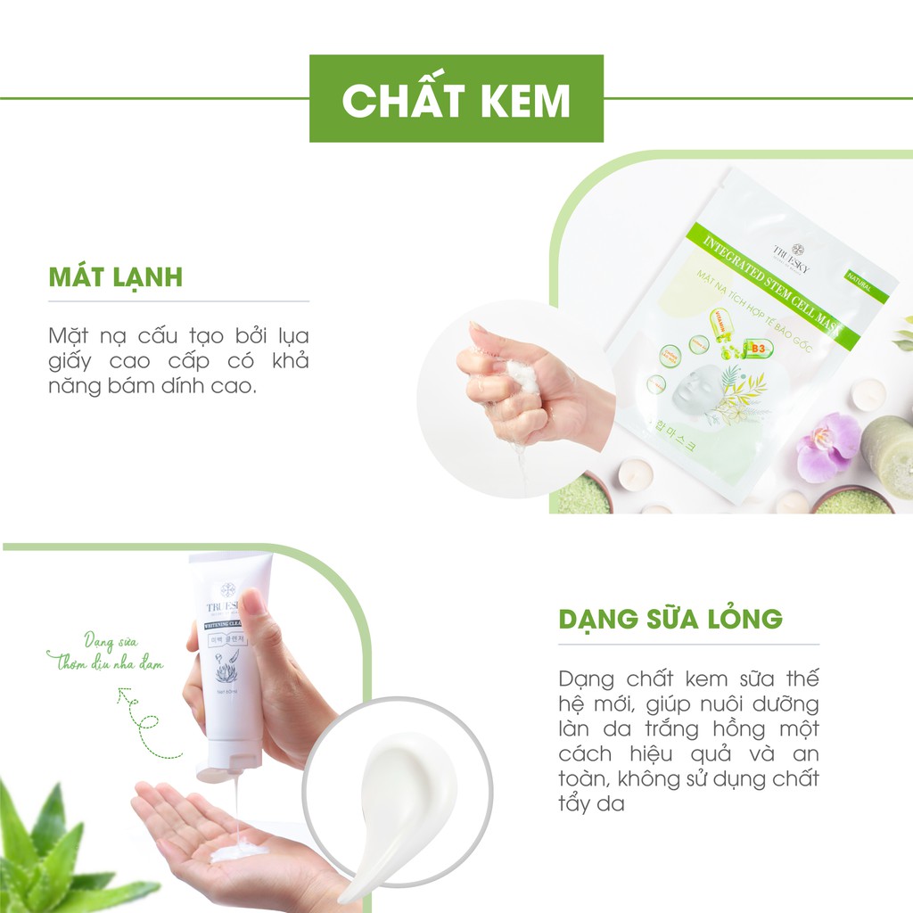 Bộ sản phẩm trắng da mặt Truesky gồm 1 sữa rửa mặt nha đam 60ml + 3 miếng mặt nạ dưỡng da 25g/miếng