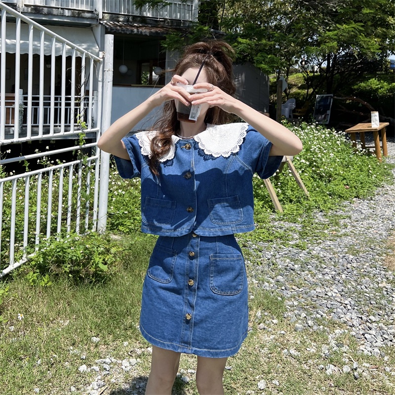 Set Áo Tay Ngắn Phối Ren + Chân Váy Denim Chữ A Lưng Cao Thời Trang Hàn Quốc Cho Nữ