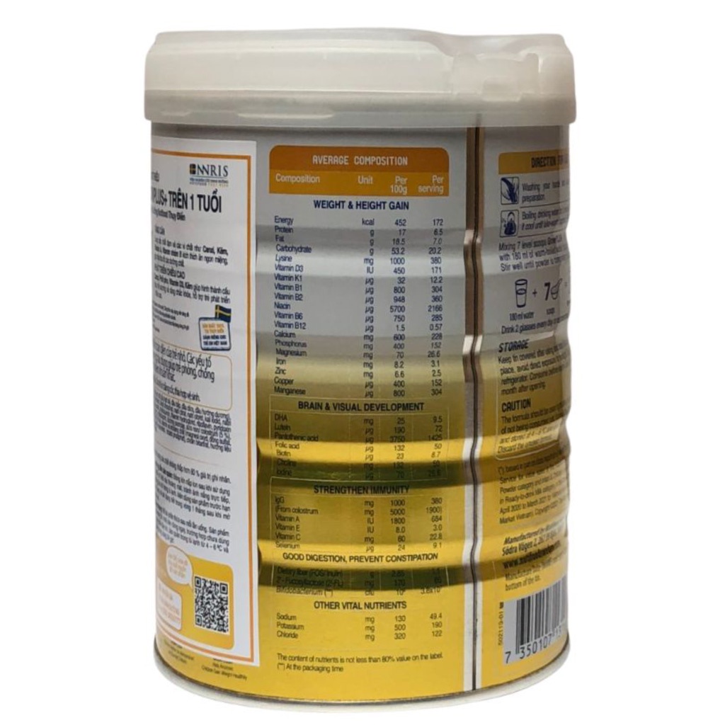 Sữa bột Nutifood Thụy Điển Grow plus+ 100% sữa non 24h Colostrum từ Mỹ số 0+/1+ hộp 850g
