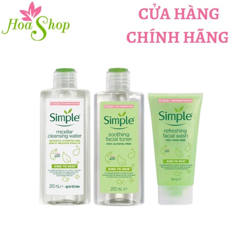 Combo Simple Làm Sạch &amp; Cân Bằng Dịu Nhẹ Da Nhạy Cảm 3 Món