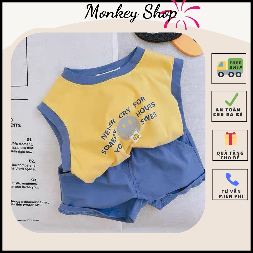 Bộ quần áo cotton cho bé trai, kiểu dáng sát nách in hình mặt cười siêu cute size 8-20kg, đồ bộ Monkeyshop