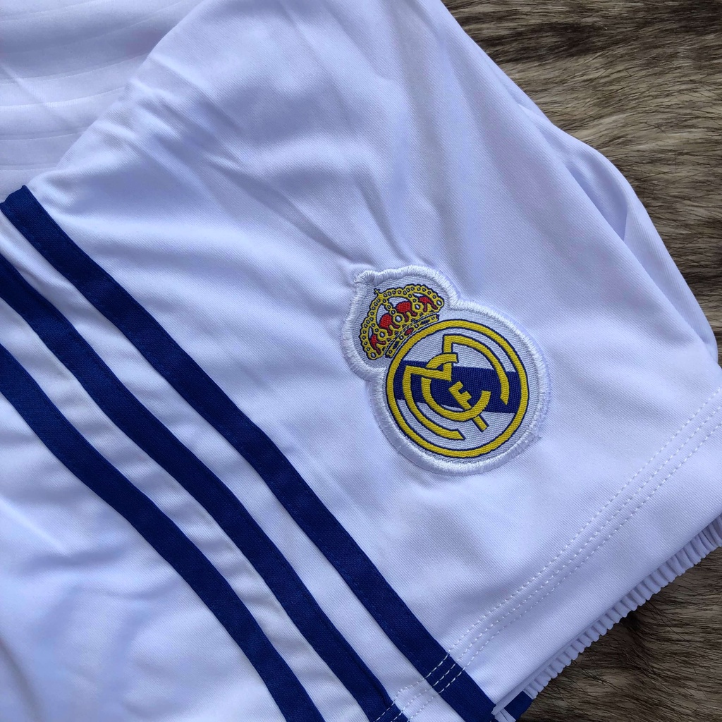 Quần Áo Bóng Đá Thun Lạnh 4 Chiều Logo Thêu Nổi Cao Cấp CLB REAL MADRID Trắng 21 22 Mẫu Mới BINGO SPORT