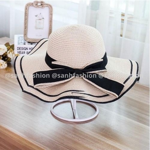 Mũ Cói Nơ Kép Lượn Bềnh Sóng Viền Đen Đi Biển Thời Trang Hót Trend 2021 C03
