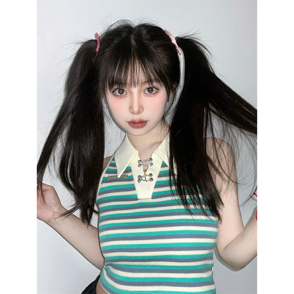 【ZHELIHANGFEI】Áo Sweater Sát Nách Cổ POLO Lưng Cao Kẻ Sọc Thiết Kế Quyến Rũ Cá Tính