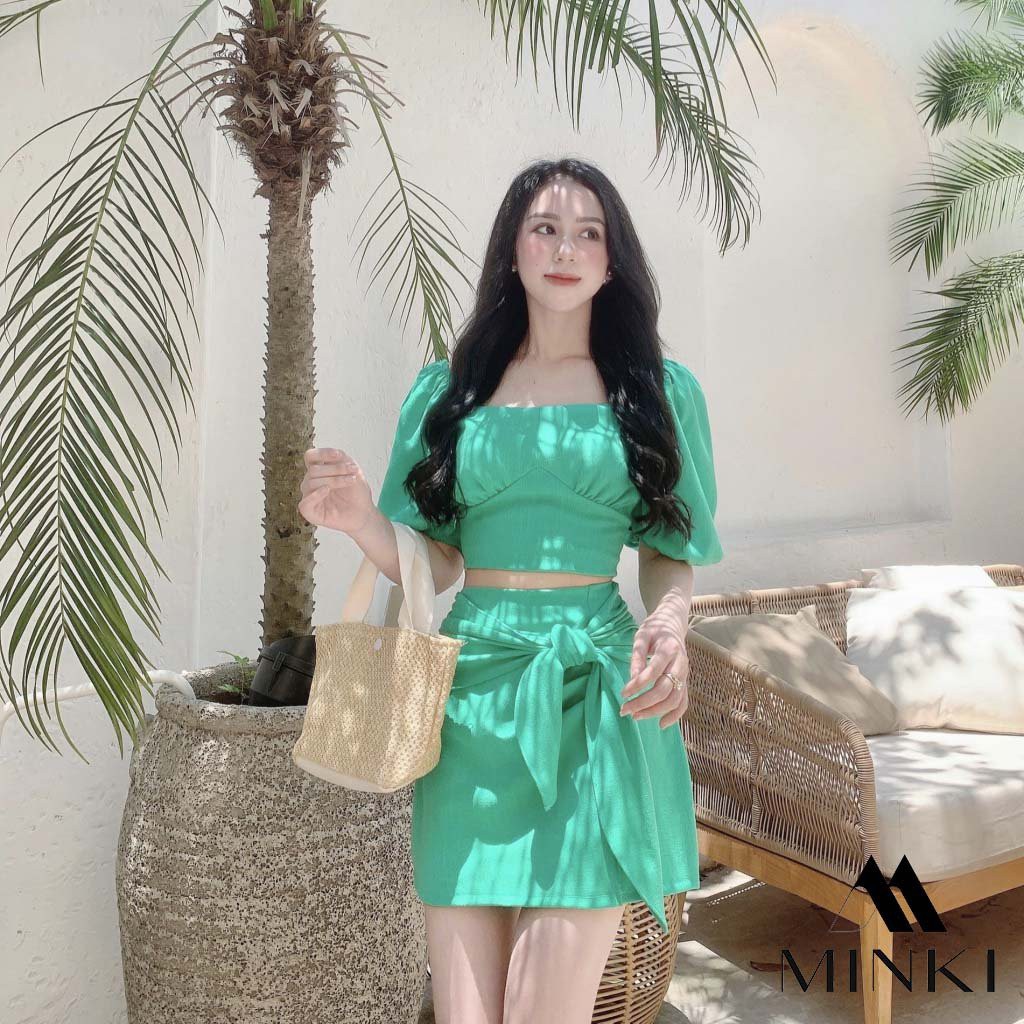 SET ÁO CỔ VUÔNG + CHÂN VÁY CỘT NƠ - CHẤT LIỆU KAKI NHẬP KHẨU - MÀU XANH NGỌC/NÂU TÂY [HÀNG THIẾT KẾ]