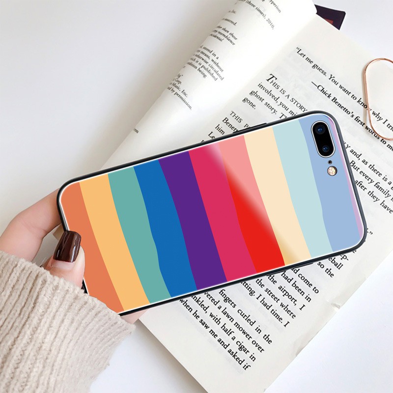 Ốp OPPO A12 A12E A52 A72 A92 A9 A5 2020 Case Colorful Rainbow Stripes Transparent Tempered Glass Cover Ốp OPPO A31 A5S A7S F11 Pro f7 F9 F1s A83 Protection Phone casing