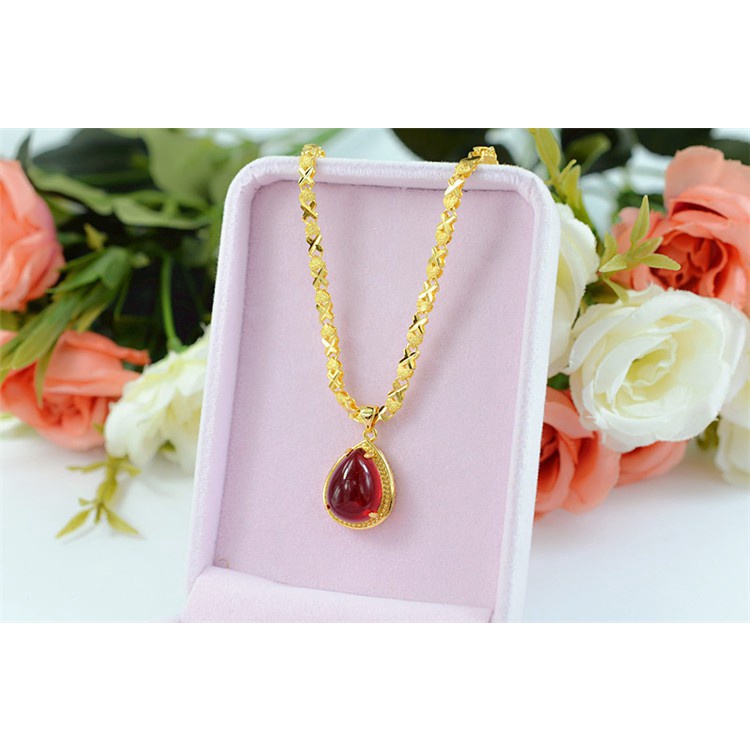 Dây Chuyền Mặt Hình Giọt Nước Đính Đá Ruby Phong Cách Retro Châu Âu