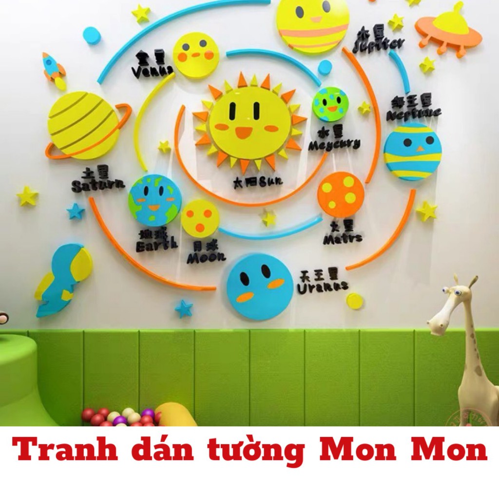 Tranh dán tường Mon Mon - Decal mica hệ mặt trời, trang trí mầm non, trang trí khu vui chơi trẻ em