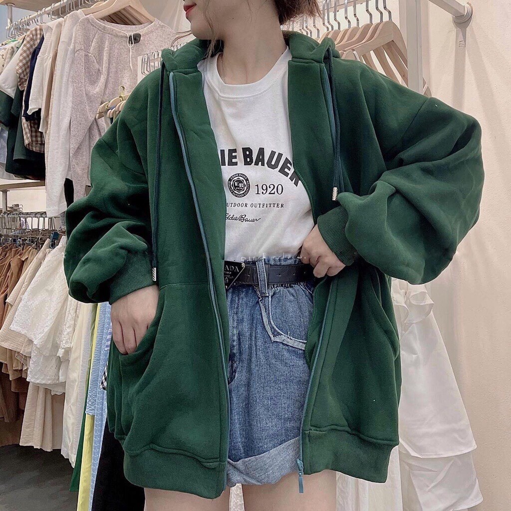 Áo Khoác Nỉ Nữ Trơn Mũ To 2 Lớp Có Túi Trước Áo Hoodie Nỉ Kéo Khóa Tay Phồng Freesize Dáng Rộng