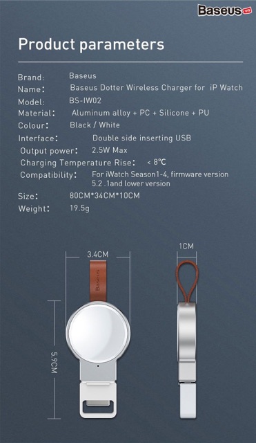 Bộ sạc không dây di động Baseus Dotter Wireless Charger for cho Apple Watch ( nhỏ gọn ,gắn với pin sạc dự phòng,Laptop)