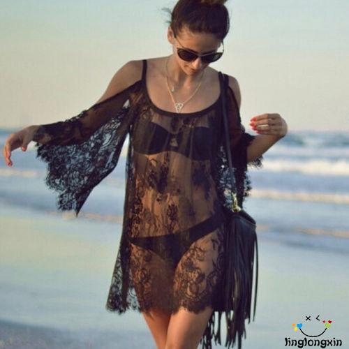 Đầm Lưới Tay Lửng Hở Vai Phối Ren Thời Trang Đi Biển Cho Nữ