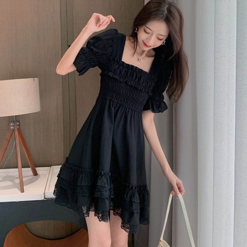 Đầm Đen Cổ Vuông Phối Ren Phong Cách Hepburn Thời Trang Mùa Hè Cho Nữ