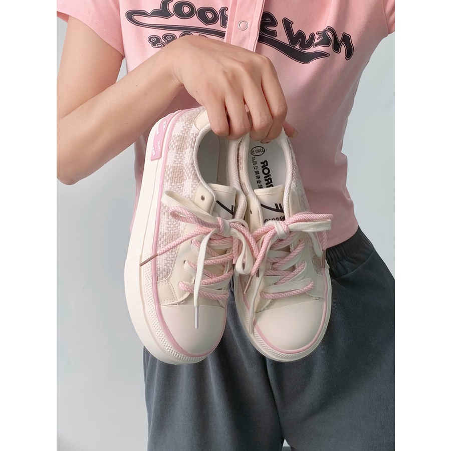 Giày thể thao nữ dây kép thêu caro, sneaker vải canvas, giày sneaker mũi nhọn đế 4cm