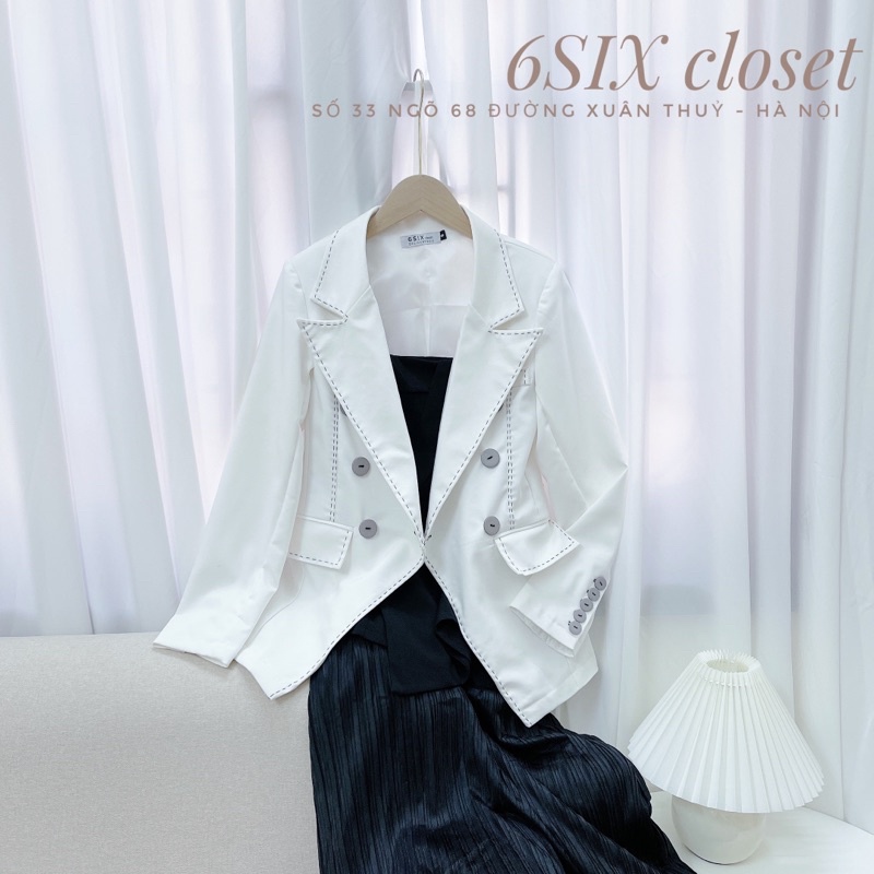 Áo blazer nữ trắng thêu viền đen trang trí - Áo 2 lớp có lót