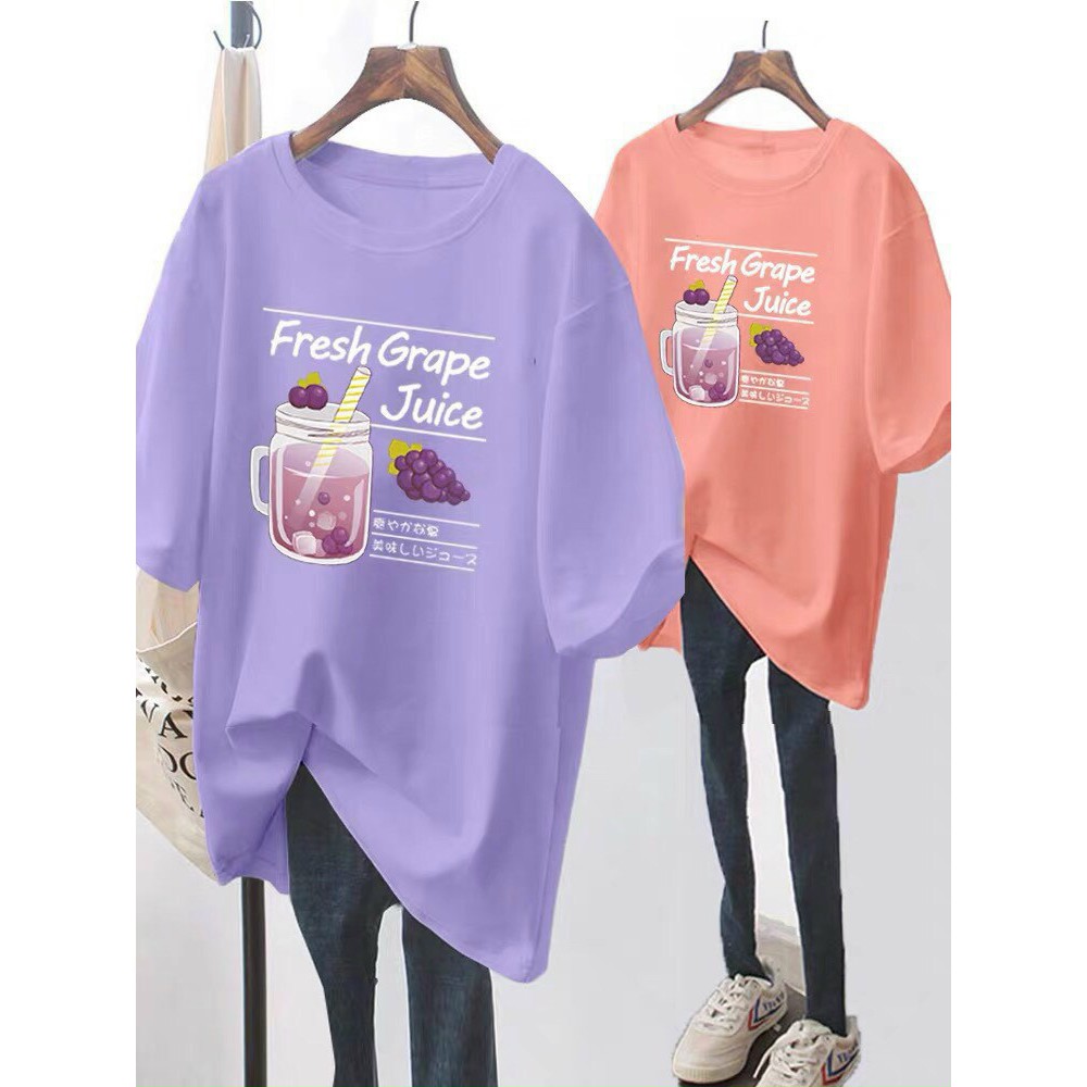 Áo thun unisex form rộng tay lỡ 75kg mặc vừa hình  nước ép và chữ fresh grape juce- Thời Trang Phương Ling