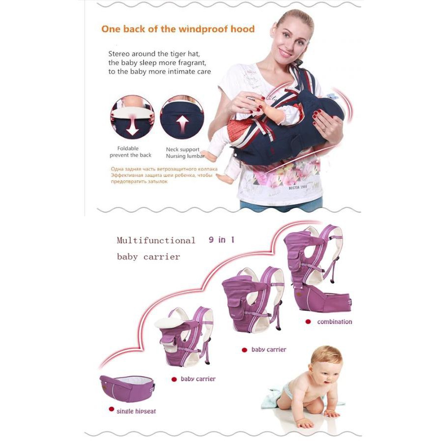 EuroQuality Địu có ghế ngồi cho bé 6 tư thế Baby Lab, có đỡ cổ - 