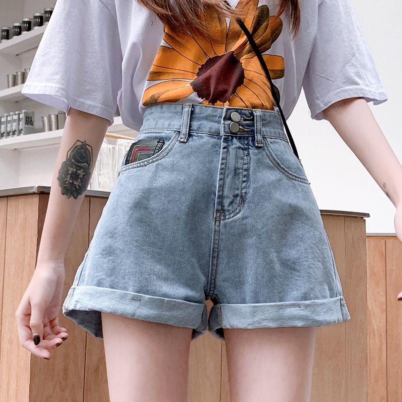Quần Short Denim Lưng Cao Ống Rộng Phong Cách Retro Hàn Quốc Cho Nữ