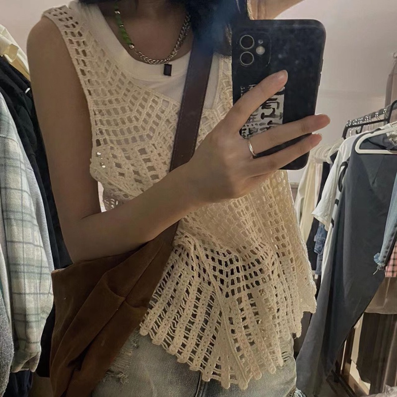 Kumikumi HUANG YOYO Áo Dệt Kim Không Tay Dáng Rộng Khoét Lỗ Thời Trang Mùa Hè Hàn Quốc Dành Cho Nữ 2023 croptop