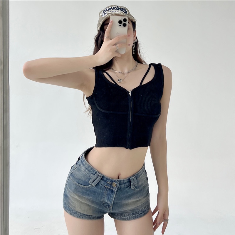 SUXI Áo Croptop Dệt Kim Không Tay Màu Sắc Đơn Giản Dễ Phối Đồ