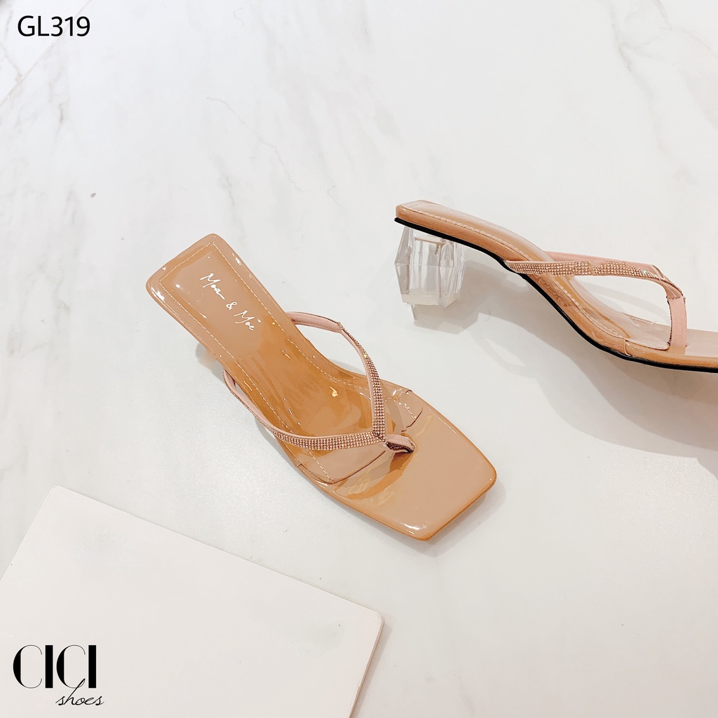 Giày cao gót nữ CiCi Shoes gót vuông trong 5cm, guốc quai da chữ V đính đá - GL319