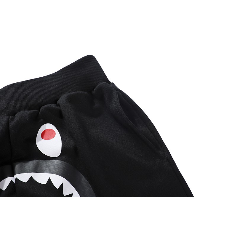 ◐►✜Quần Short Bape Mỏng Dáng Rộng Co Giãn Tốt In Hình Đầu Cá Mập Màu Đen Thời Trang Cho Nam Và Nữ