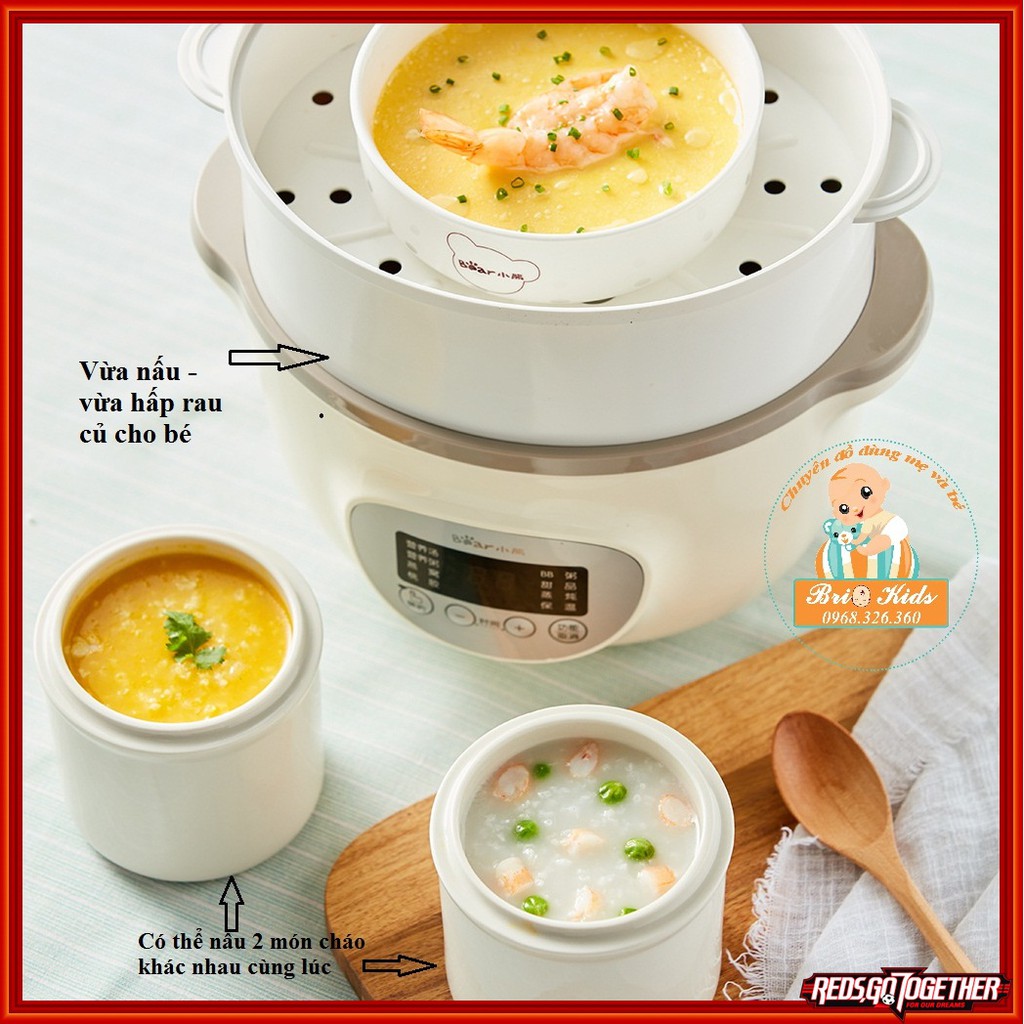 [Bản Full ] Nồi nấu cháo Bear 1,6L kèm lồng hấp cho bé - Gồm 3 thố sứ