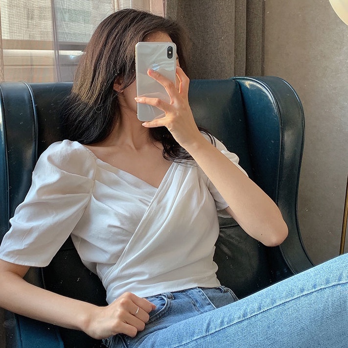 AMOI Áo Kiểu Tay Phồng Cổ Chữ V Thời Trang Cho Nữ