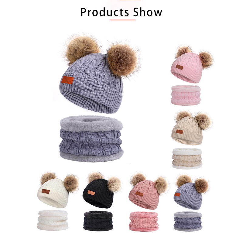 Set Mũ beanie + Găng Tay + Khăn Choàng Cổ Đính Quả Bông Dễ Thương Cho Bé