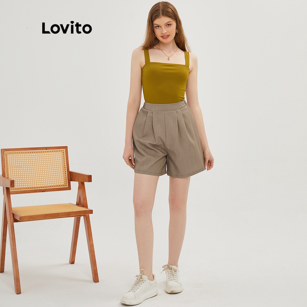 Lovito Quần short lưng thun trơn xếp ly cổ điển L20D258 (Kaki)