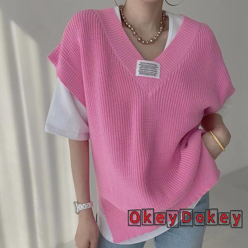 OKDK-Women Knitted Vest Letters Applique Pattern V-neck Cap Sleeve Knitwear