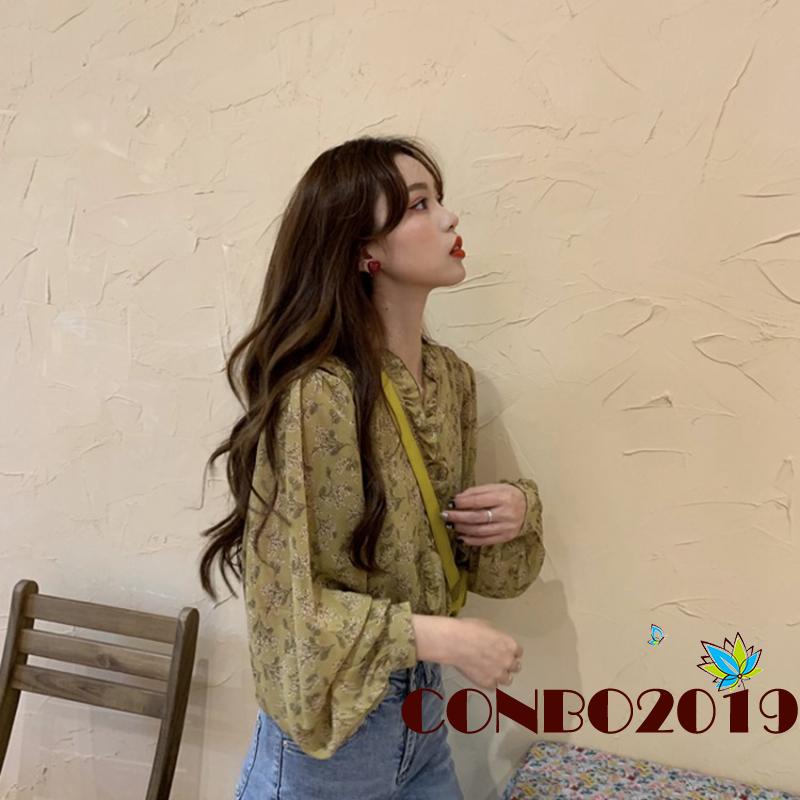 Áo Voan Hoa Tay Phồng Cổ Tim Phong Cách Thanh Lịch Dành Cho Nữ