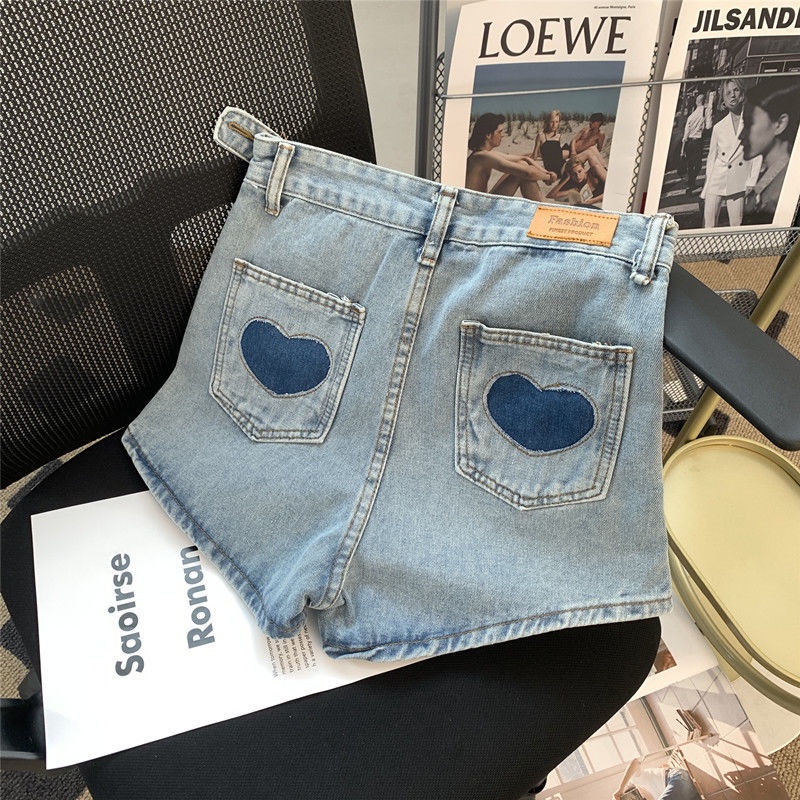 Quần Jeans Lưng Cao Ống Rộng Thêu Hình Trái Tim Màu Sắc Tương Phản Thời Trang Cho Nữ