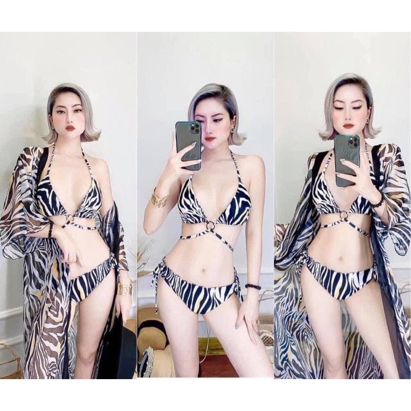 [HÌNH CHỤP THẬT] Set bikini tam giác hoạ tiết kèm áo kimono sang chảnh