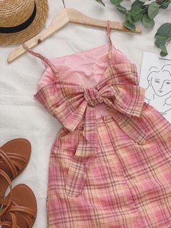 Đầm caro hồng nơ lưng