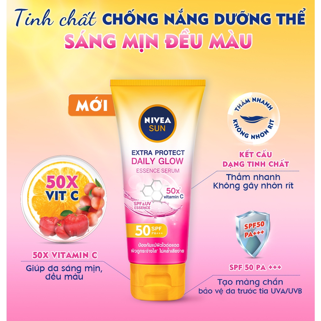 TINH CHẤT CHỐNG NẮNG DƯỠNG THỂ SÁNG MỊN ĐỀU MÀU NIVEA EXTRA PROTECT DAILY GLOW ESSENCE SERUM SPF50 PA+++ 180ML