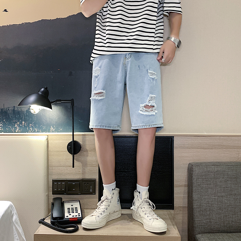 Korean Style Men's Fashion Light Blue Hole Denim Shorts Men's High-waisted Straight Casual Pants