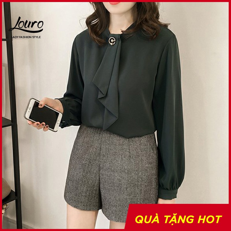 Áo kiểu nữ công sở Louro L206, mẫu áo sơ mi cổ trụ, tay áo bồng