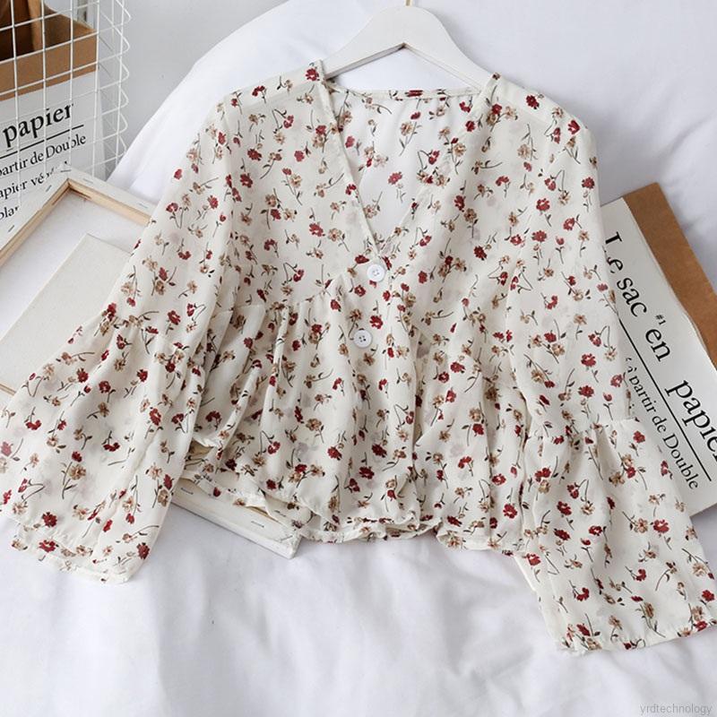 Áo kiểu chất chiffon tay dài hoạ tiết hoa thiết kế cổ chữ V nữ tính chất lượng cao