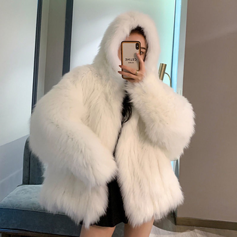 Áo khoác giả lông cáo dáng dài có mũ phong cách trẻ trung mới năm 2021