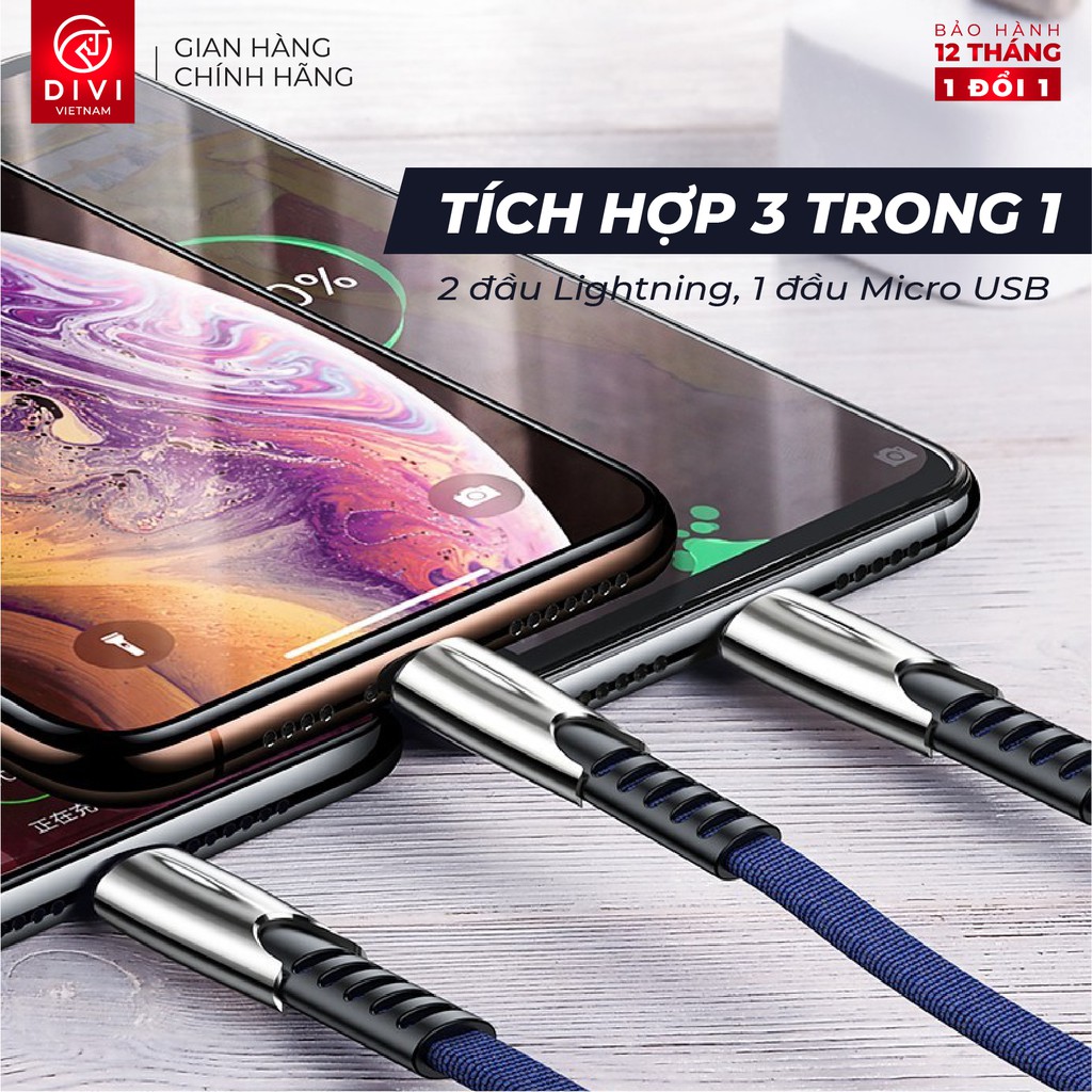 Dây cáp sạc 3 trong 1 - DIVI P479 - Vỏ bện nylon - Hàng Chính Hãng - Bảo Hành 12 Tháng