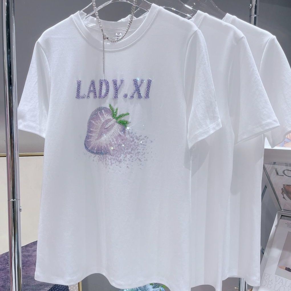 Áo Thun Cotton Nguyên Chất In Họa Tiết Dâu Tây Đính Đá