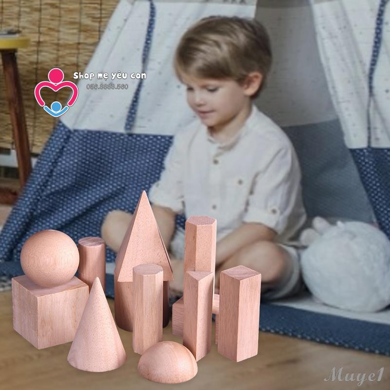 Set 12 Khối Gỗ Hình Học không gian cơ bản - Đồ Chơi Giáo Dục Montessori Cho Bé