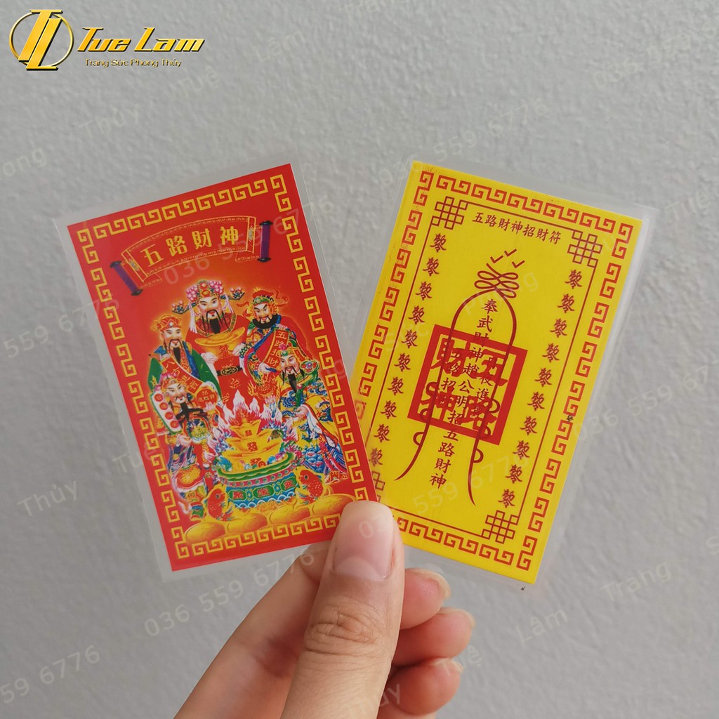 Ngũ Lộ Thần Tài phù bản ép plastic màu đỏ siêu bền, mỏng - để ốp điện thoại, ví tiền - Khai cung Tài, Mở cung Lộc