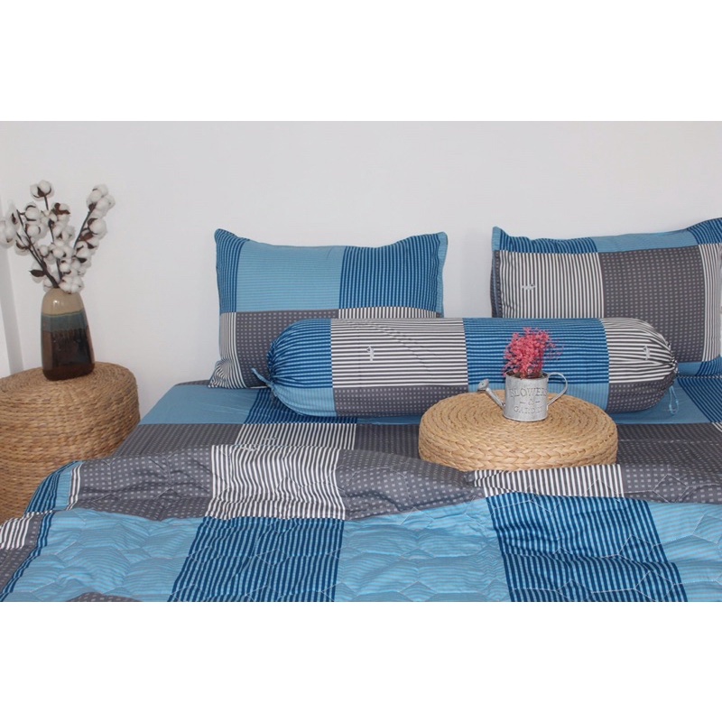 Drap cotton Thắng Lợi, ga trãi giường cao cấp chất vải dày dặn, thấm hút mồ hôi mẫu SỌC KẺ XANH